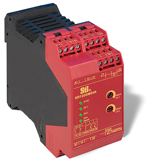 right: Figure 4. Shown here is an Omron SR125SMS45 stop- motion safety relay that tracks when connected motors have come to a complete stop. (Image source: Omron Automation and Safety)